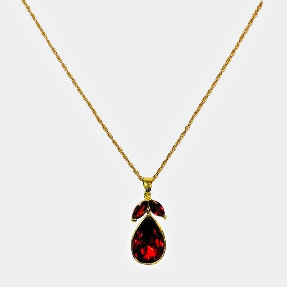 Vintage Red Rhinestone Pear Pendant Necklace 24" Gold Tone - Picture 15 of 16